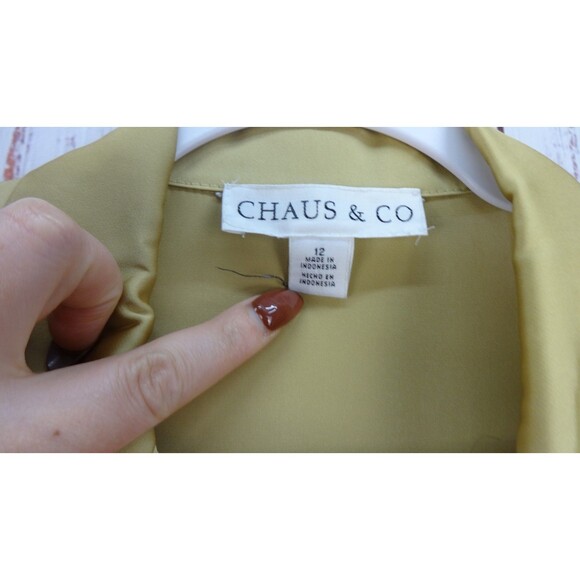 Chaus & Co Button Up Shirt Womens Large Blouse Gold Long Sleeve Silky VTG - Picture 9 of 11
